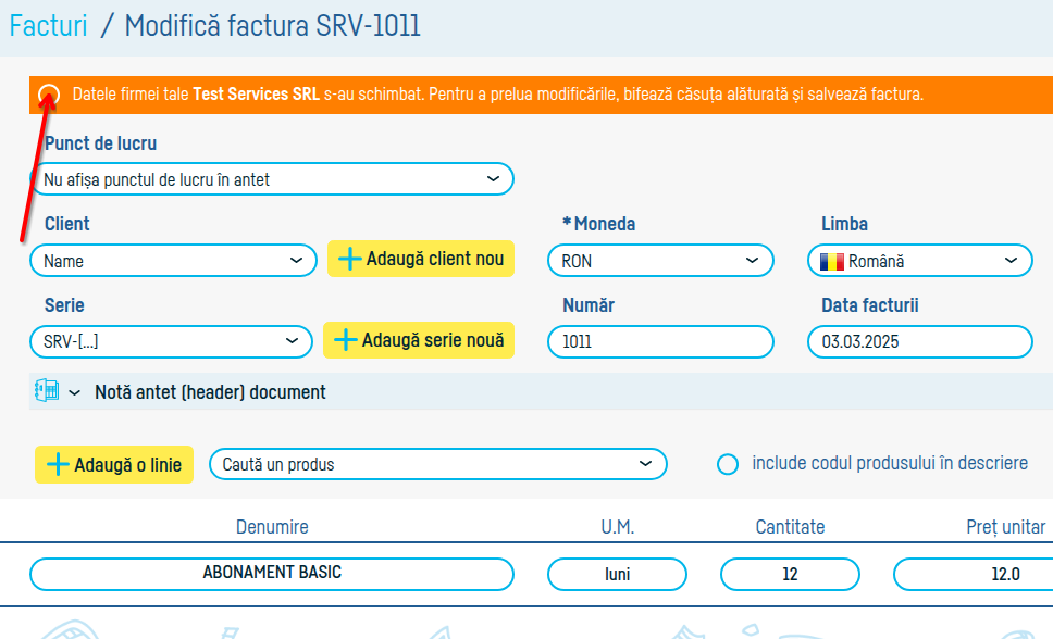 Cum pot schimba datele de pe o factură salvată? - pasul 3