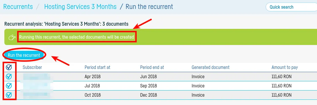 Automatically invoices issuing when running recurrents - step 2
