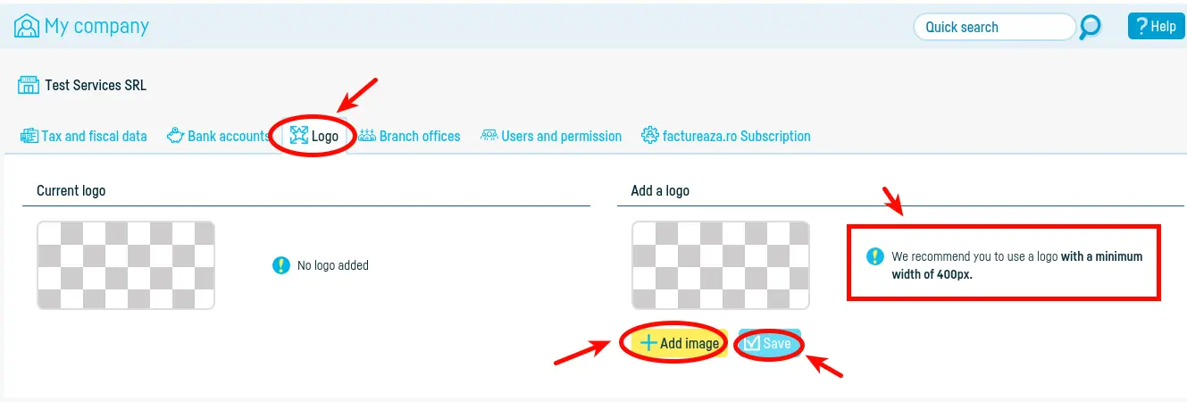 How do I add the company logo on invoices? - step 2