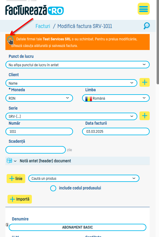 Cum pot schimba datele de pe o factură salvată? - pasul 4