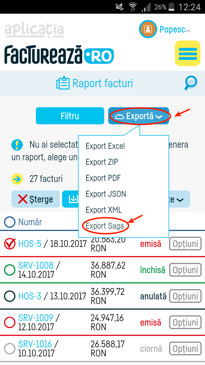 Cum export mai multe facturi în SAGA? - pasul 3