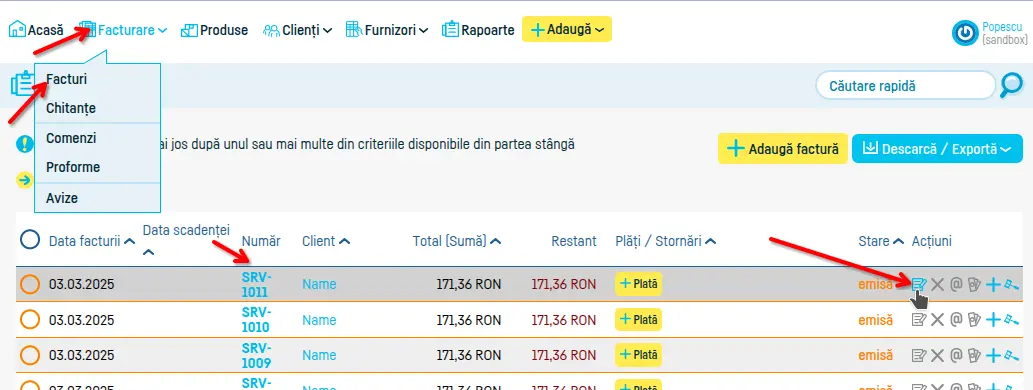 Cum pot schimba datele de pe o factură salvată? - pasul 1