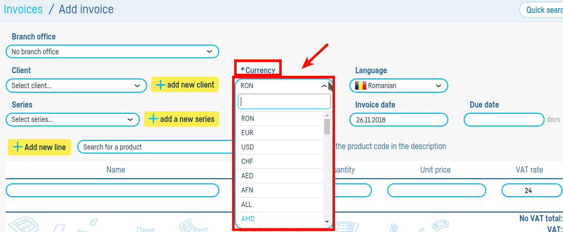 How do I add an invoice in foreign currency? - pasul 1