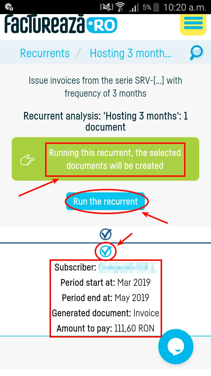 Automatically issuing  invoices when running recurrents - step 2