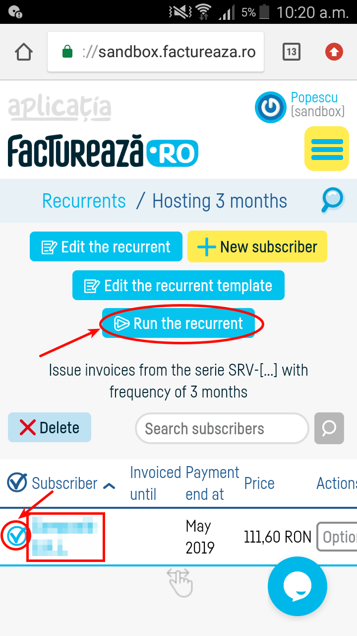 Automatically issuing  invoices when running recurrents - pasul 1