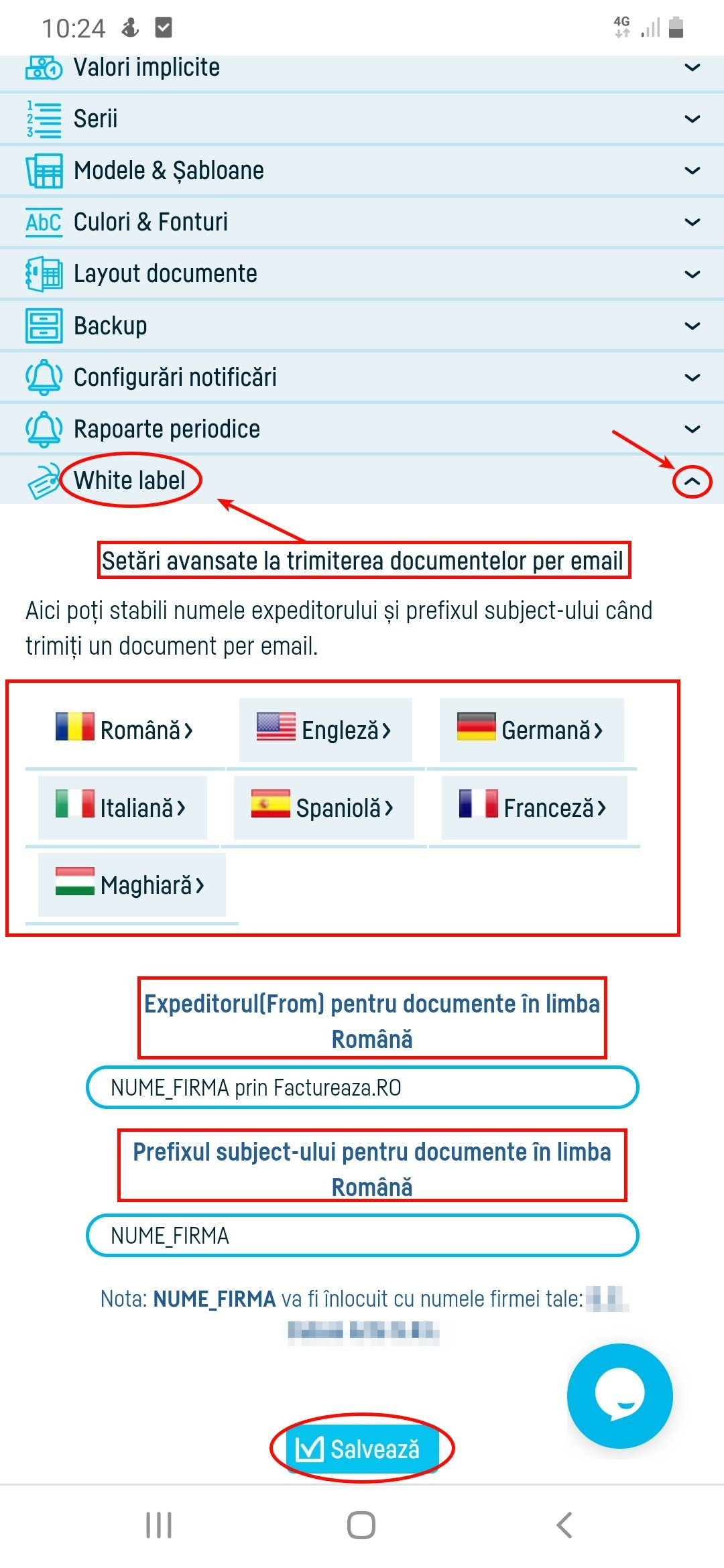 Setări avansate la trimiterea documentelor pe email - pasul 2
