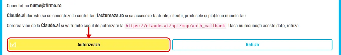 Pagina factureaza.ro de autorizare, cu butonul Autorizează încercuit