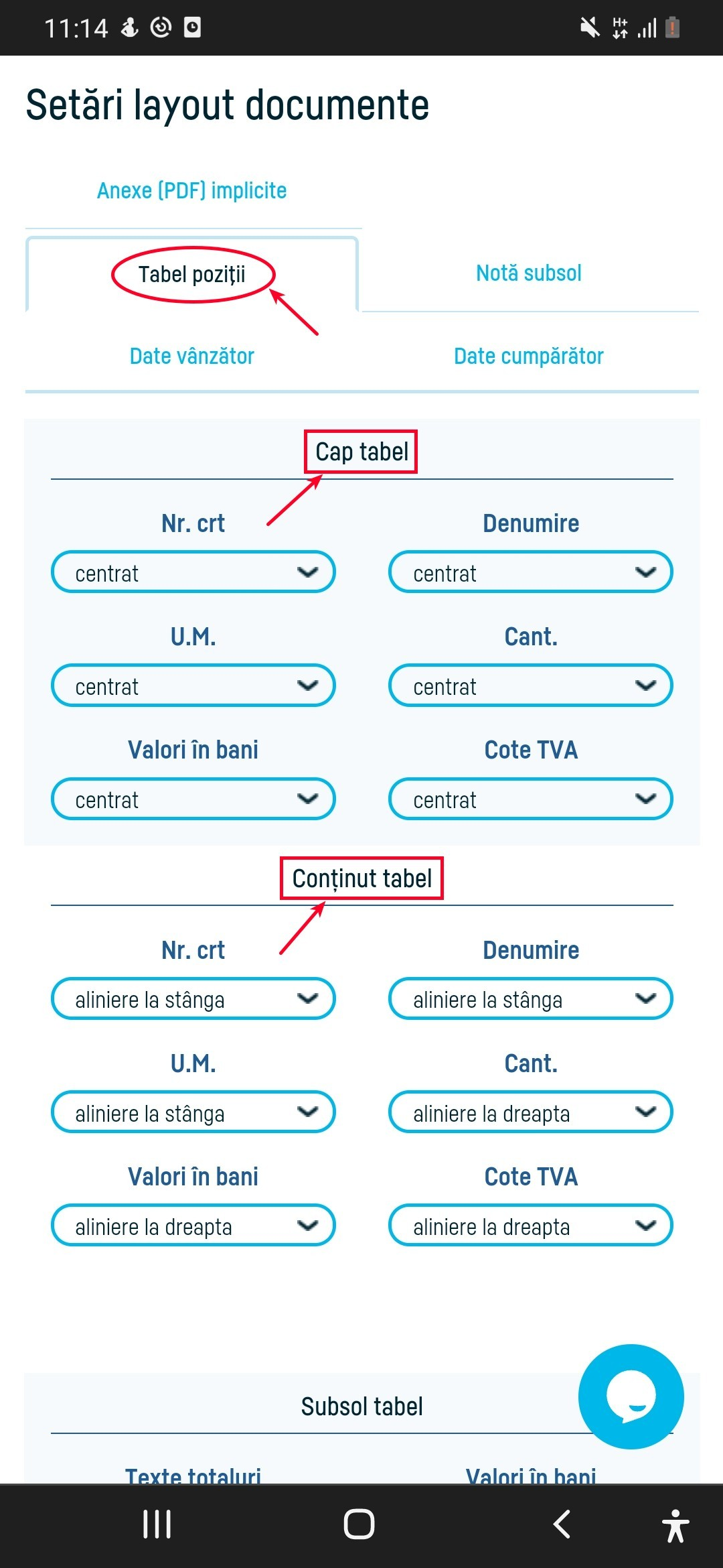 Configurare alinieri din tabelul pozițiilor pe factură - pasul 3
