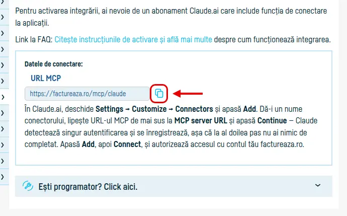 Pagina Integrări → Claude.ai din factureaza.ro, cu URL-ul MCP și butonul de copiere