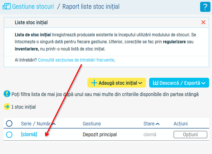 Cum adaugi un stoc inițial - pasul 7