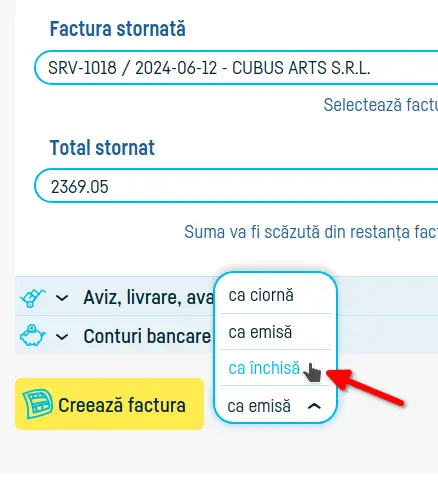 Cum emit o factură de stornare - pasul 5
