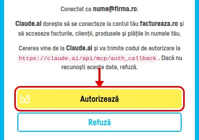 Pagina factureaza.ro de autorizare, cu butonul Autorizează încercuit