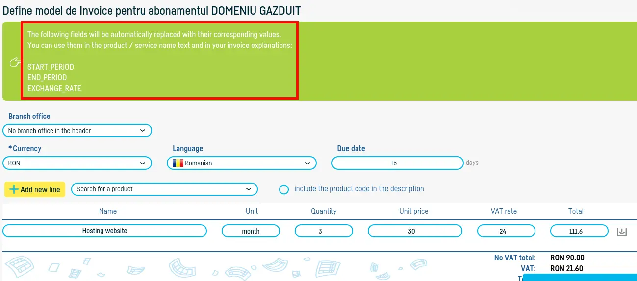 How do I define an invoice for a recurrent? - step 3