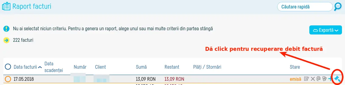 Colectare debite facturi prin STRAETUS - pasul 1