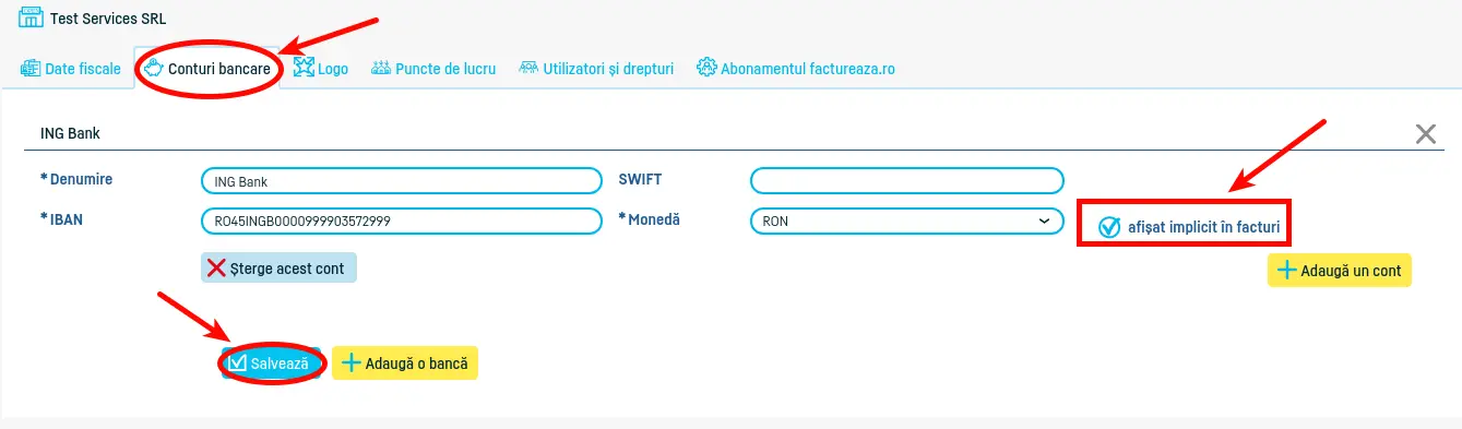 Cum selectez contul bancar pe factură? - pasul 2