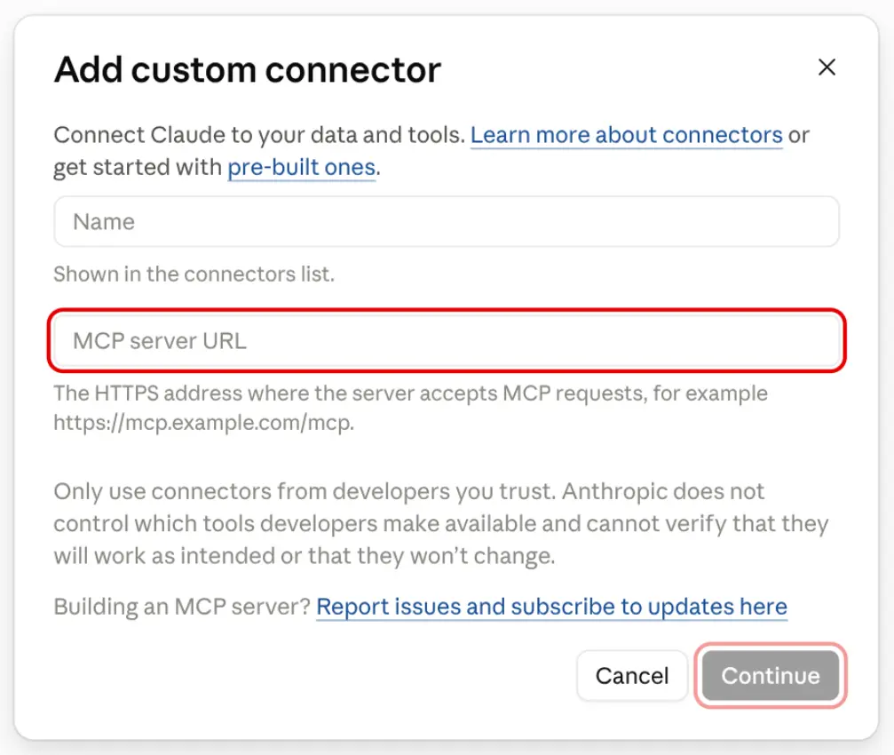 Primul pas din Add custom connector: câmpul MCP server URL și butonul Continue