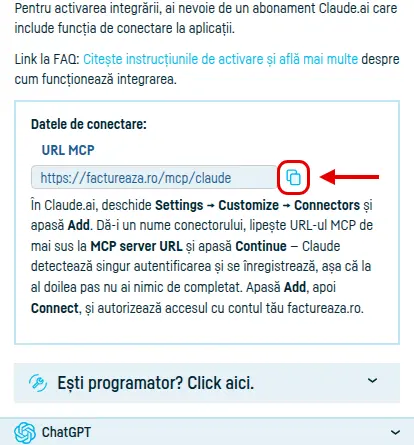 Pagina Integrări → Claude.ai din factureaza.ro, cu URL-ul MCP și butonul de copiere