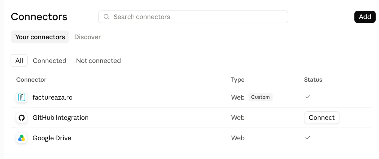 Settings → Customize → Connectors în Claude.ai, cu butonul Add încercuit