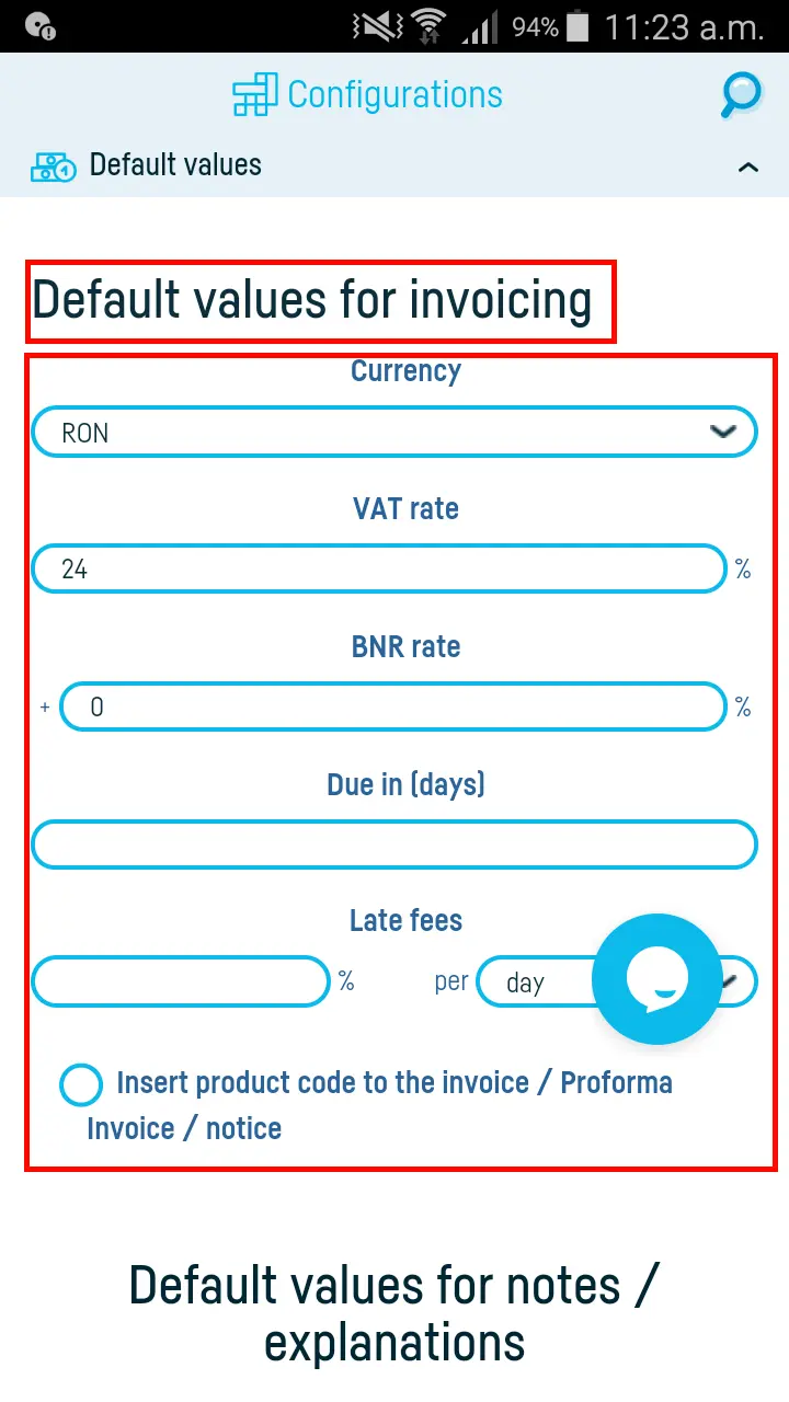 How do I set default invoice values? - step 3