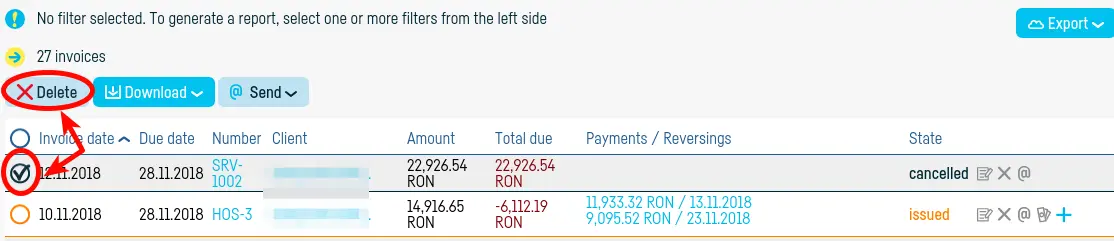 How do I delete an invoice? - step 2