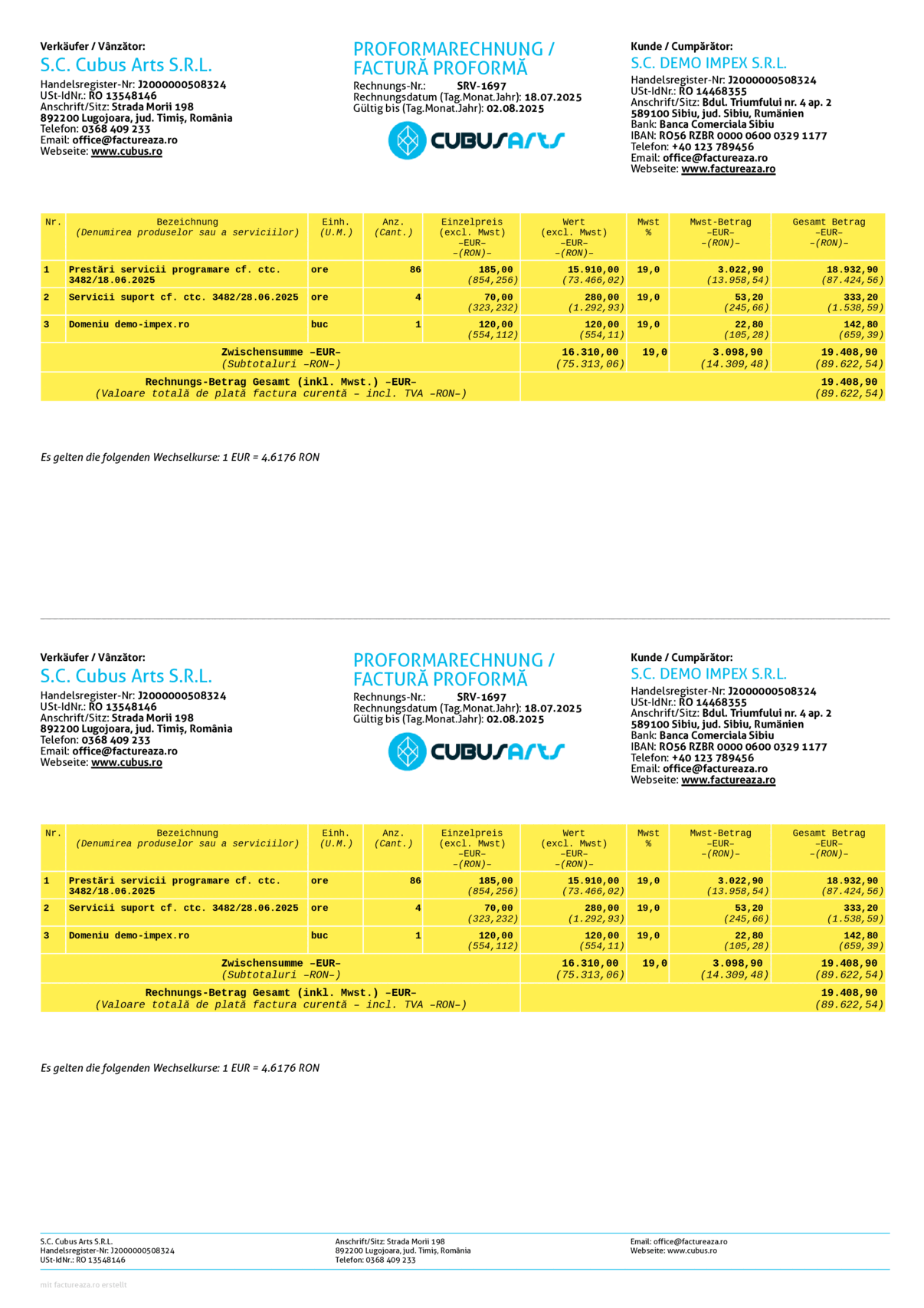 Factură proforma 2x per A4, Euro + RON, germană