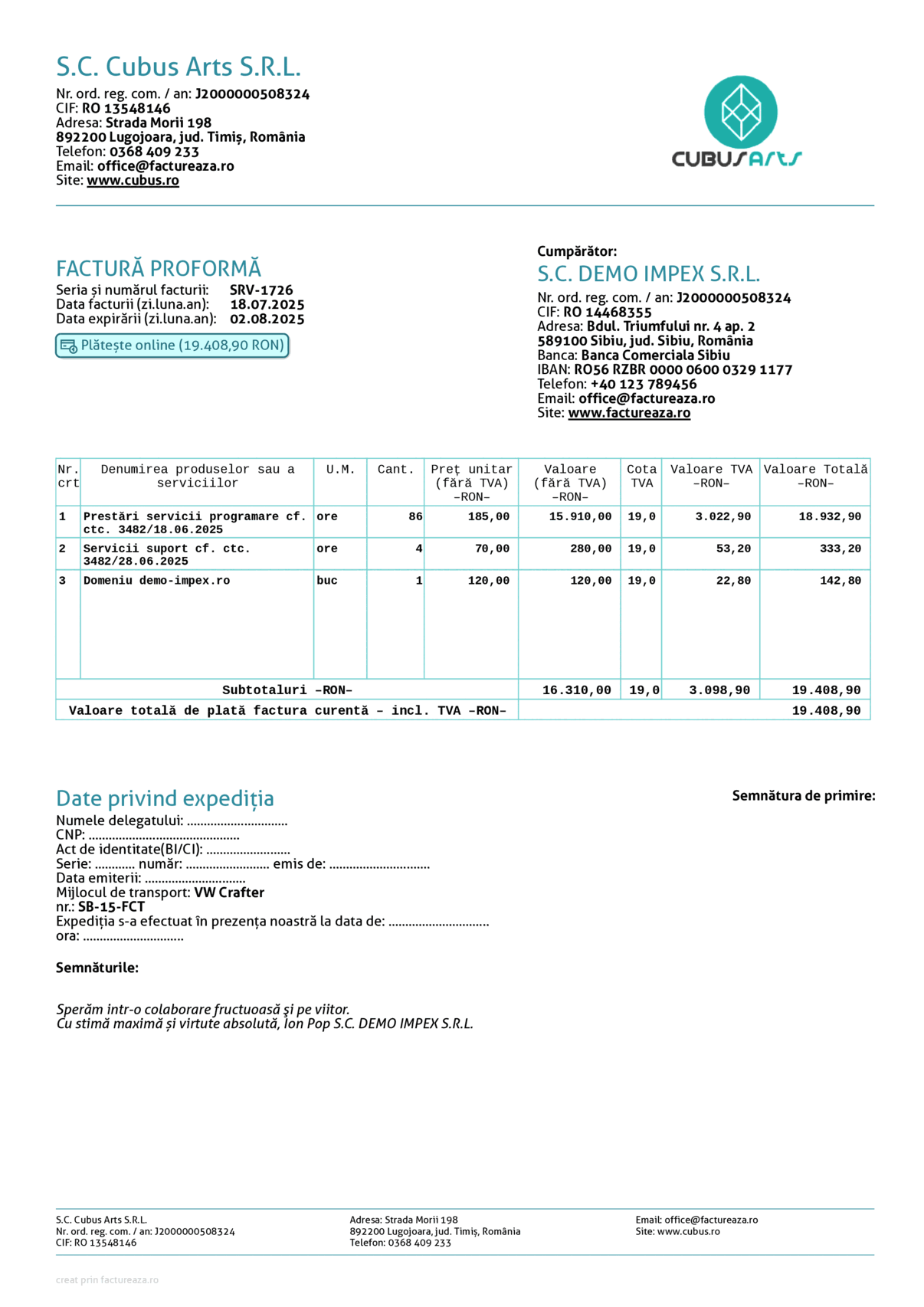 Factură proforma 3x per A4 (Euro + RON), maghiară