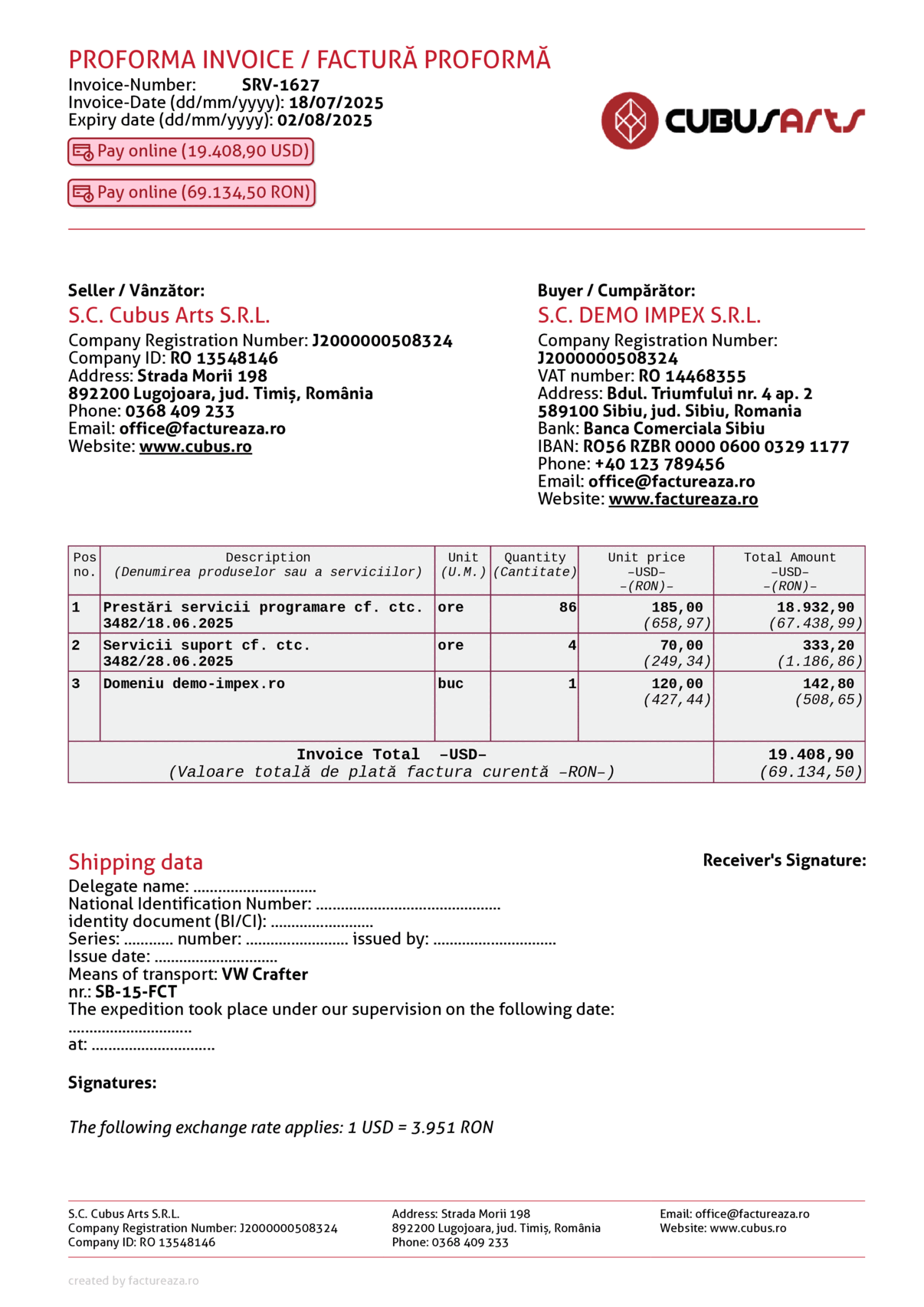 Factură proforma fără TVA, USD + RON, engleză