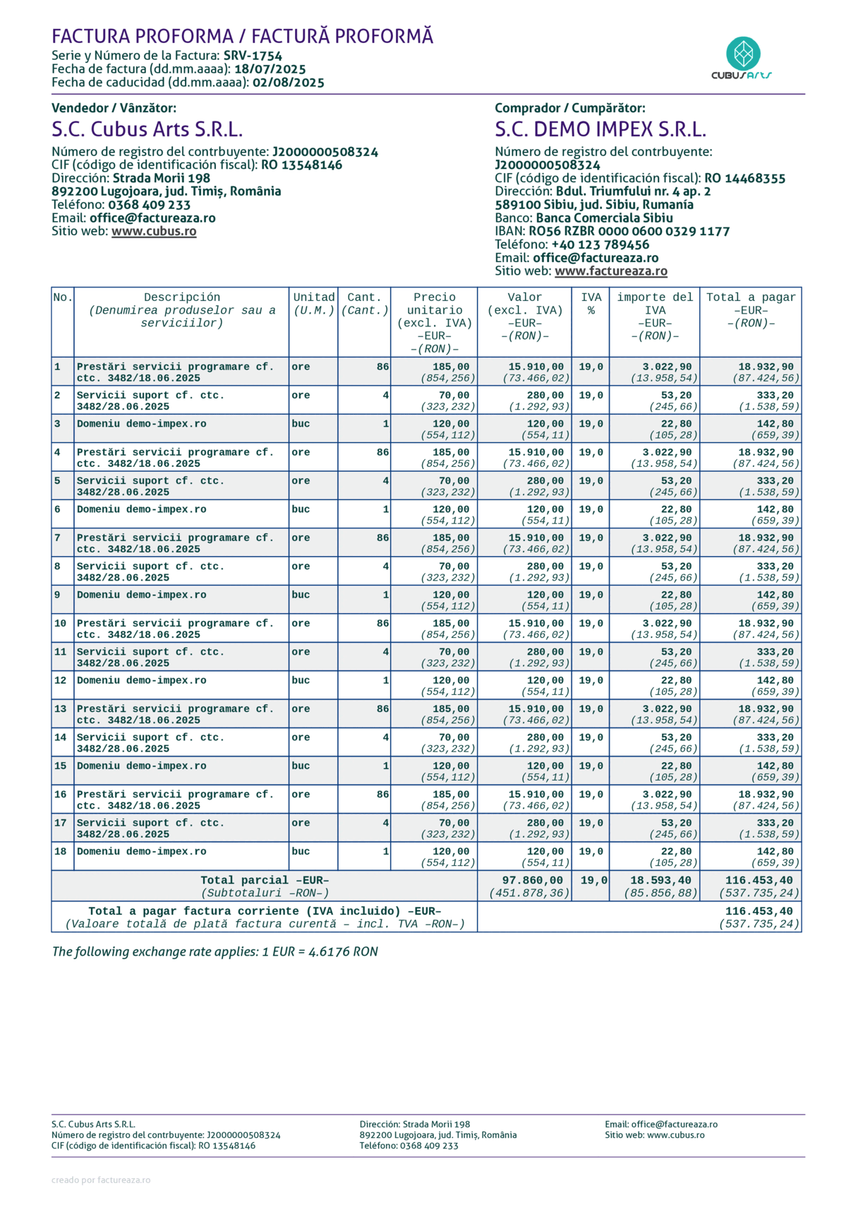 Factură proforma liste lungi, Euro + RON, spaniolă
